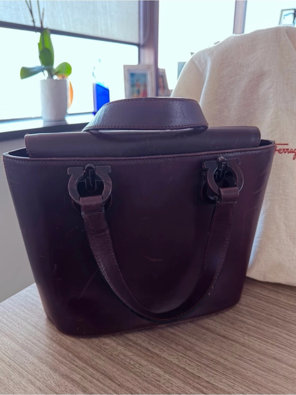 Salvatore Ferragamo Dark Brown Leather Tote with Signature Gancini Hardware